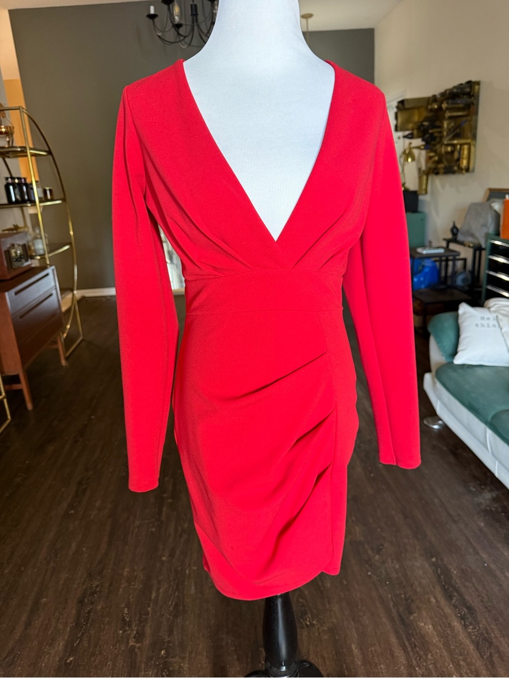 Red V-Neck Long Sleeve Draped Women’s Dress